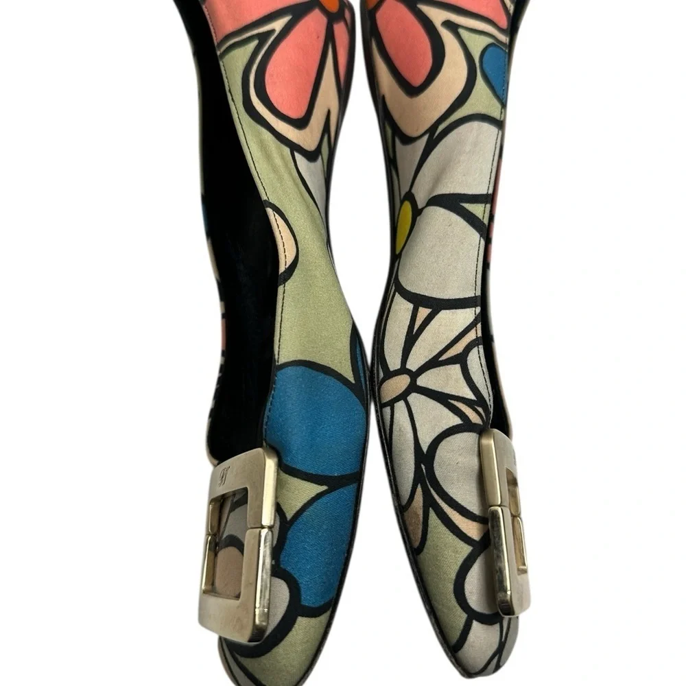 Roger Vivier Floral Multicolor Flats with Gold Buckle, size 7.5